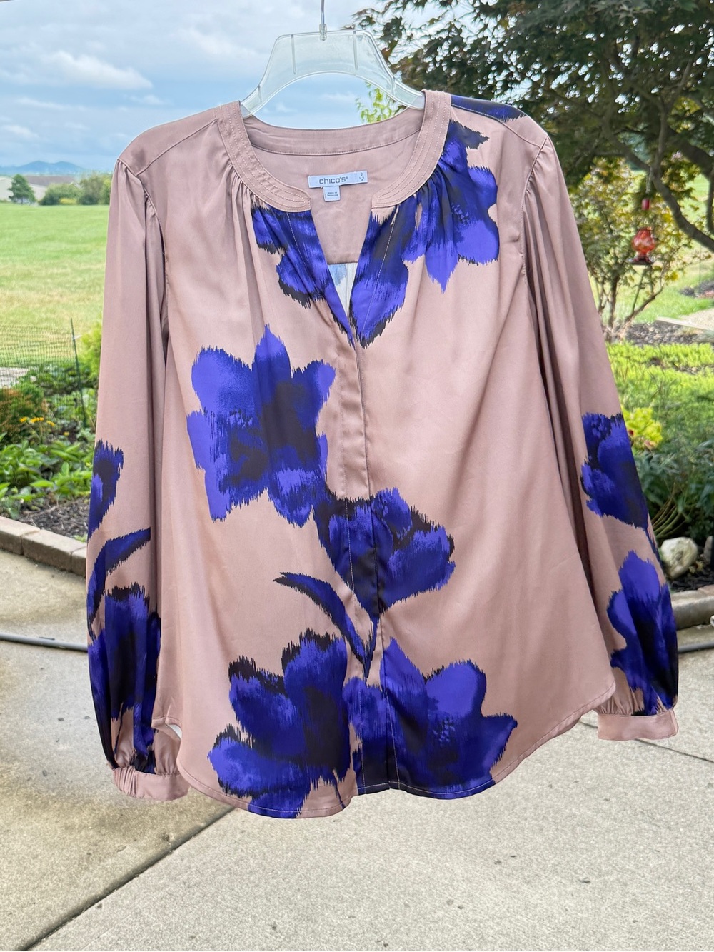 Chico's Taupe Peasant Blouse with Bold Purple Floral